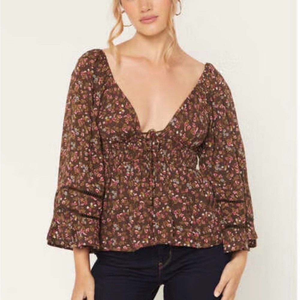 Angie Brown Floral Peasant Top with Adjustable Tie Front and Bell Sleeves
